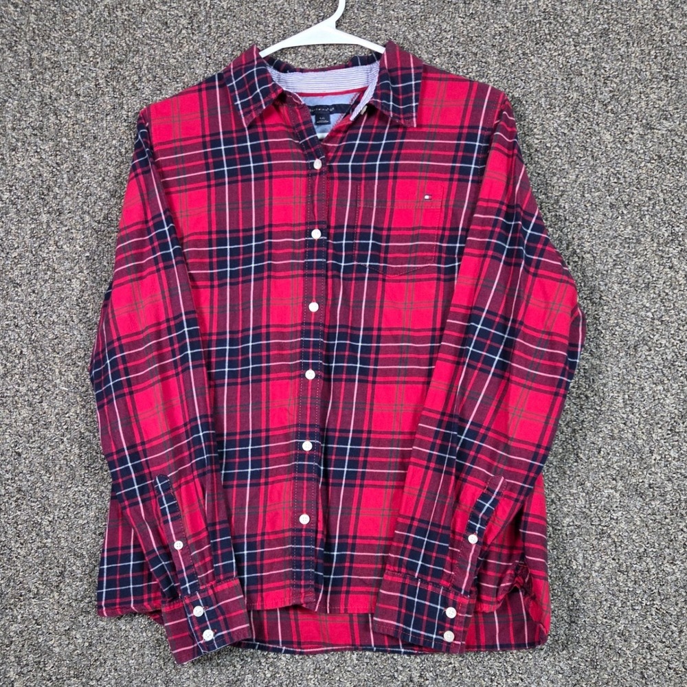 Tommy Hilfiger Button Down Shirt Womens Large Red Plaid Long Sleeve Logo